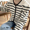 Round Neck Black & White Stripe Knitted Cardigan with Gold Buttons