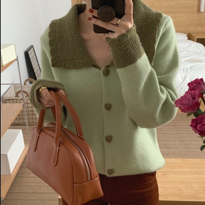 Two Tone Color Contrast Cardigan with Oversized Collar