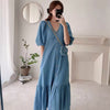 Relaxed V-Neck Button Down Denim Color Cotton Dress