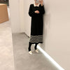 Korean Style White Collar Polo Knitted Dress with Stripes