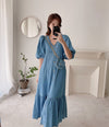 Relaxed V-Neck Button Down Denim Color Cotton Dress