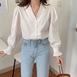 Smocked V-Neck Botton-Up Blouse