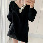 Oversized V-Neck Cable Knit Sweater with Pearly Decorations