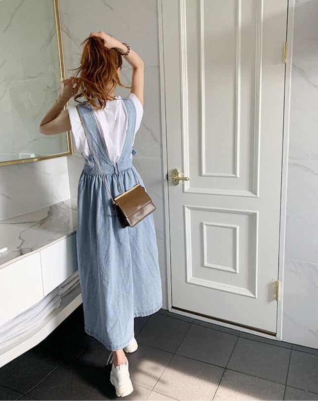 Denim V-Neck Strap Pullover Midi Dress