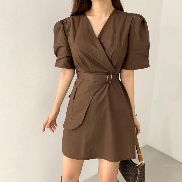 Short Sleeve Wrap Style Asymmetrical Belted Mini Dress