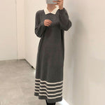 Korean Style White Collar Polo Knitted Dress with Stripes