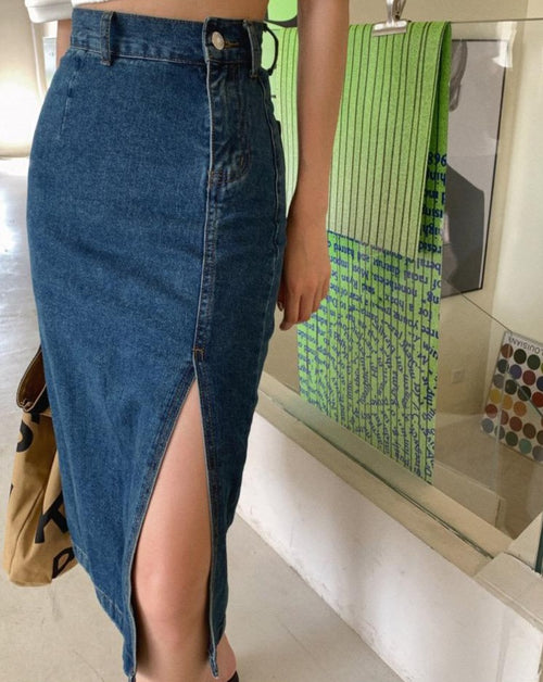 High Waist Denim Skirt with Side Slit