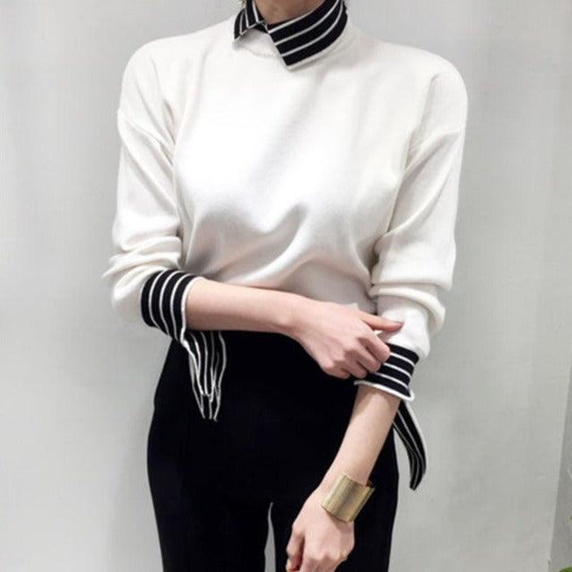 Korean Style Knit Top with Stripe Collar and Cuffs