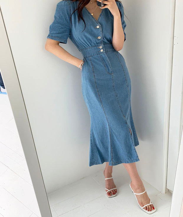 Denim V-Neck Fishtail Dress