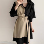 Color Block Metal Ring Belted Shirt Dress