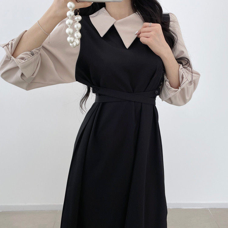 Korean Style Color Contrast Dress with Asymmetrical Collar