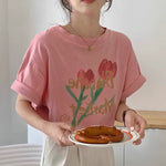 Pink Tulip Print Cotton T-Shirt