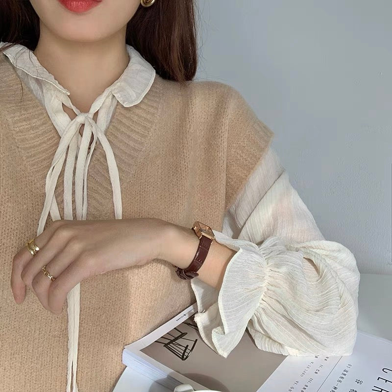 Chiffon Long Sleeve Ruffle Tie Neck Blouse with Knit Vest