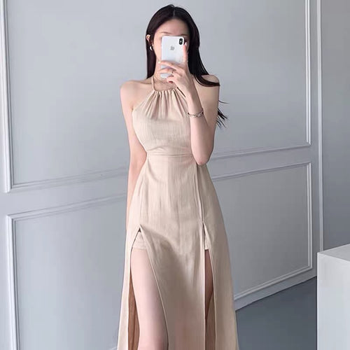 Deep Slit Halter Neck Sleeveless Maxi Dress with Shorts