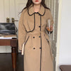 French Style Contrast Trim Double Face Wool Blend Belted Coat