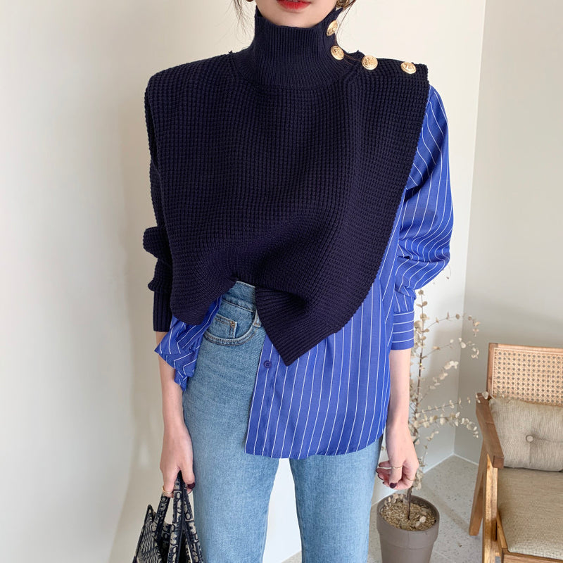 Designer Asymmetrical Turtleneck Knitted Cape Spliced with Shirt