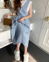 Denim V-Neck Strap Pullover Midi Dress