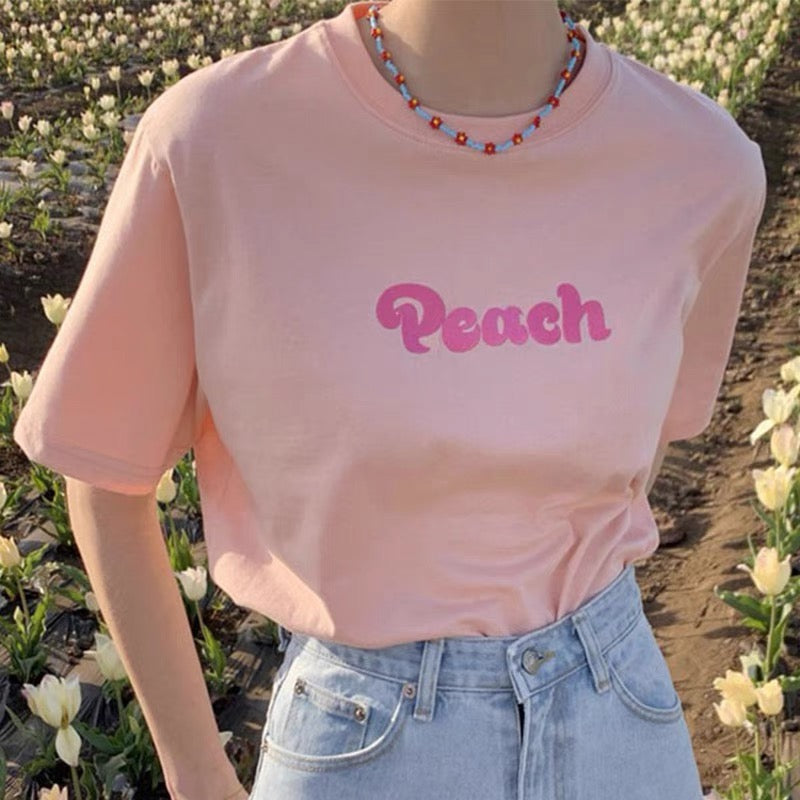 Peach Embroidered Cotton T-Shirt