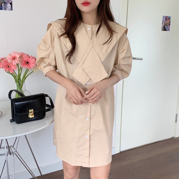 Designer Button-Up Shirt Dress with Oversized Cross-Over Collar