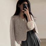 Collarless V-Neck Gray Plaids Tweed Cropped Jacket