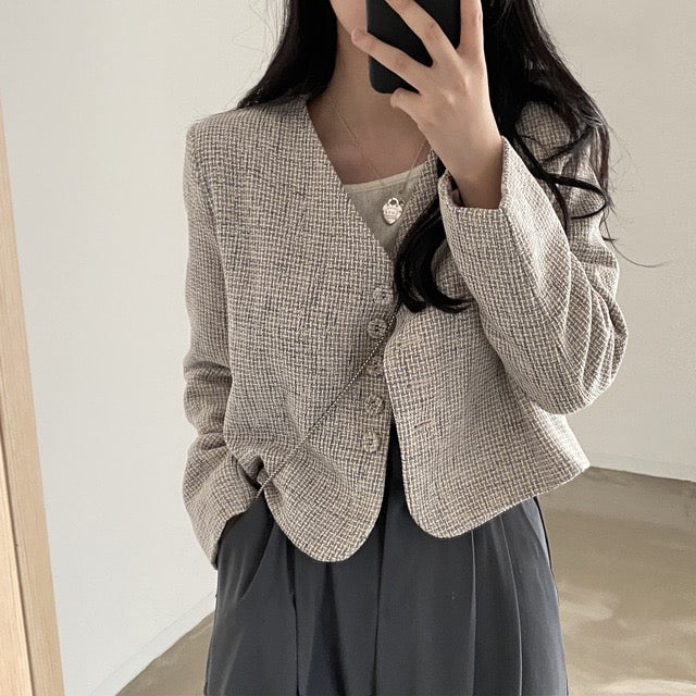 Collarless V-Neck Gray Plaids Tweed Cropped Jacket