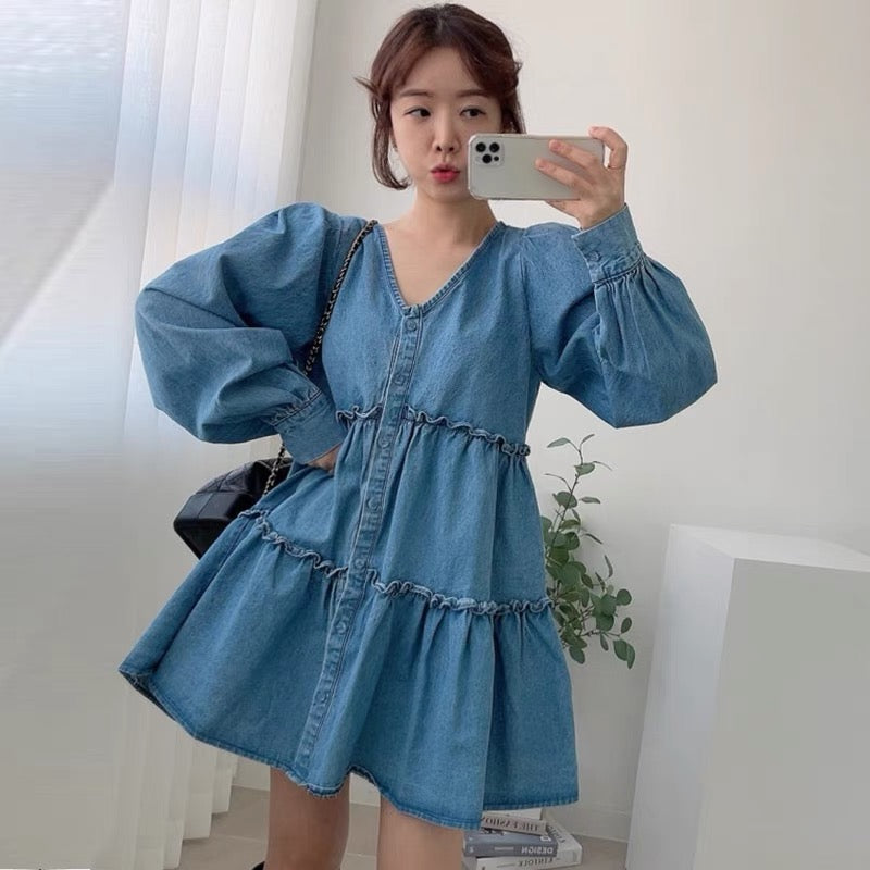 Denim Babydoll Tiered Dress