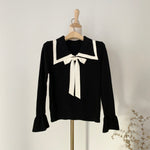 Knit Top with Double Layered Pointed Collar and Tie