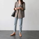 Korean Style Casual A-Line Blazer in Brown Plaids