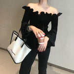 Black Velvet Ruffles Drop Shoulder Peplum Top