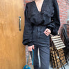 Lace Overlay Black Blouse with Oversized Collar