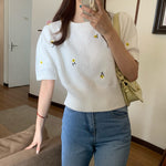 Yellow Embroidered Flower Knitted Short Sleeve Top