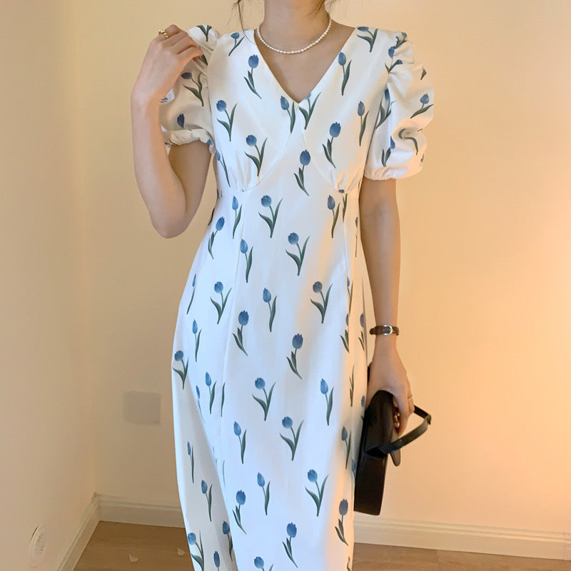 Tulip Print Short Sleeve Double V-Neck Midi Dress