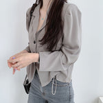 Long Sleeve Blouse with Notched Lapels and Drawstrings