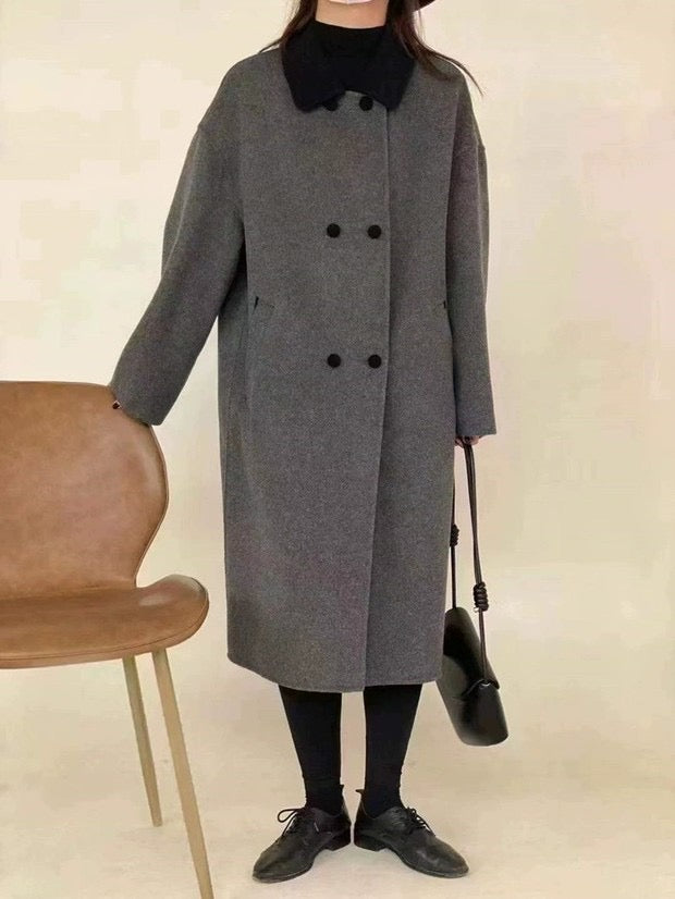 Contrast Collar 100% Double-Faced Wool Long Coat 🐏