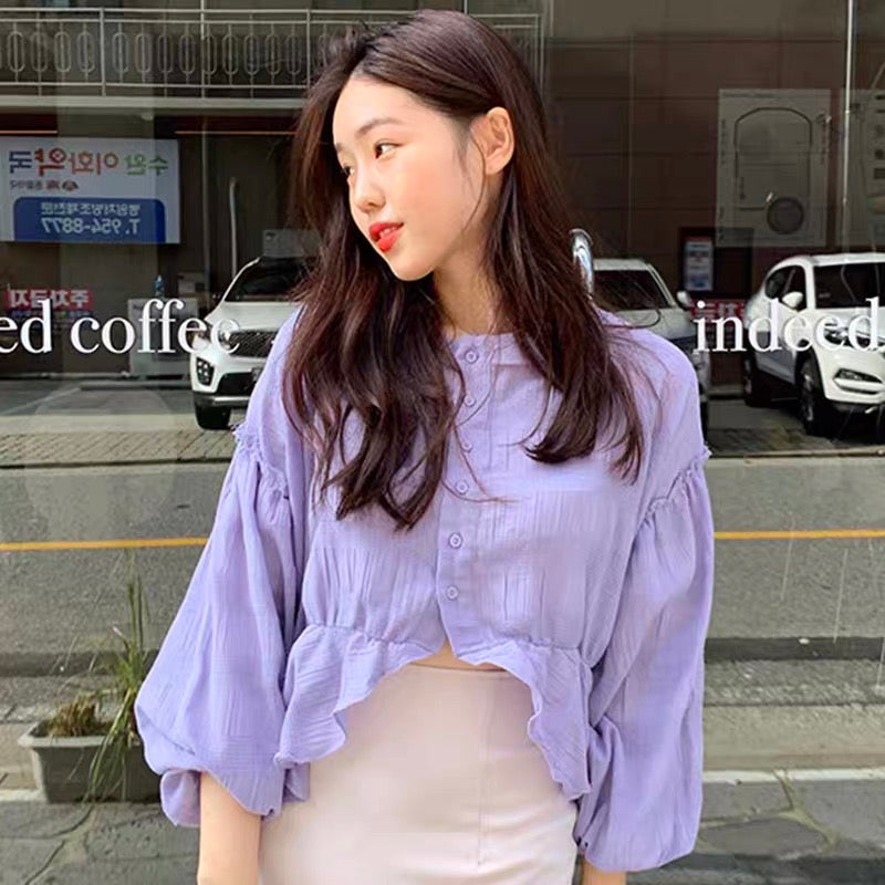 Taro High-Low Blouse with Balloon Sleeves