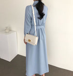 Two Tone Color Block Pleated Long Sleeve Shirt Dress