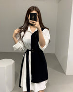 Color Block Metal Ring Belted Shirt Dress