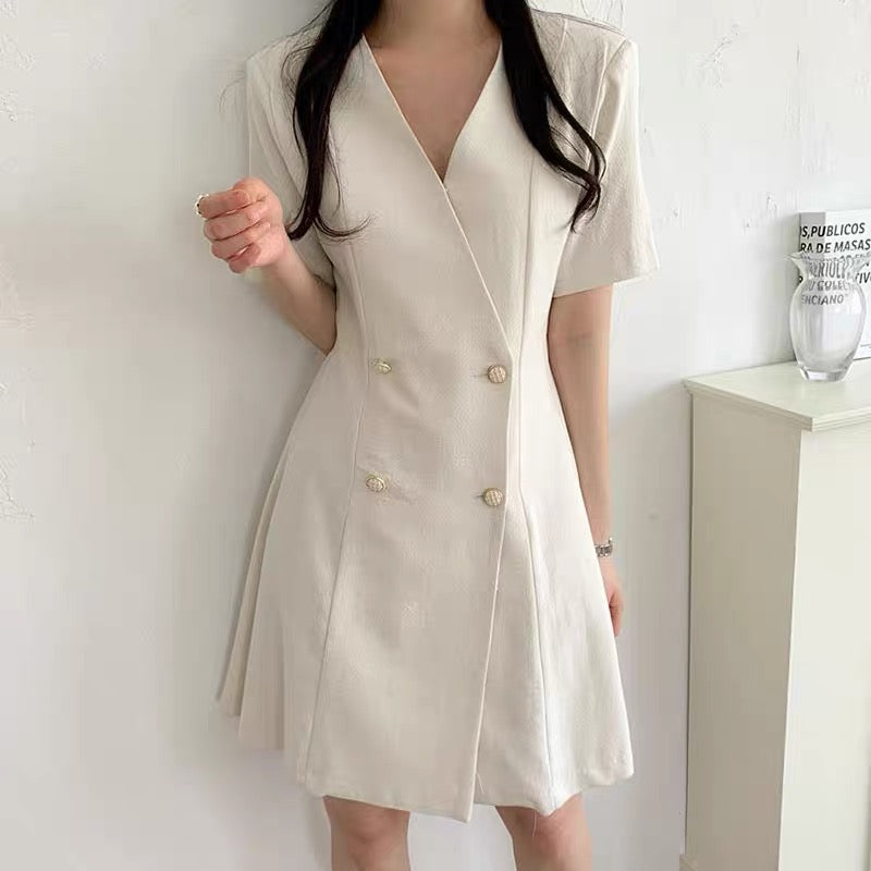 V-Neck Double-Breasted Short Sleeve Dress