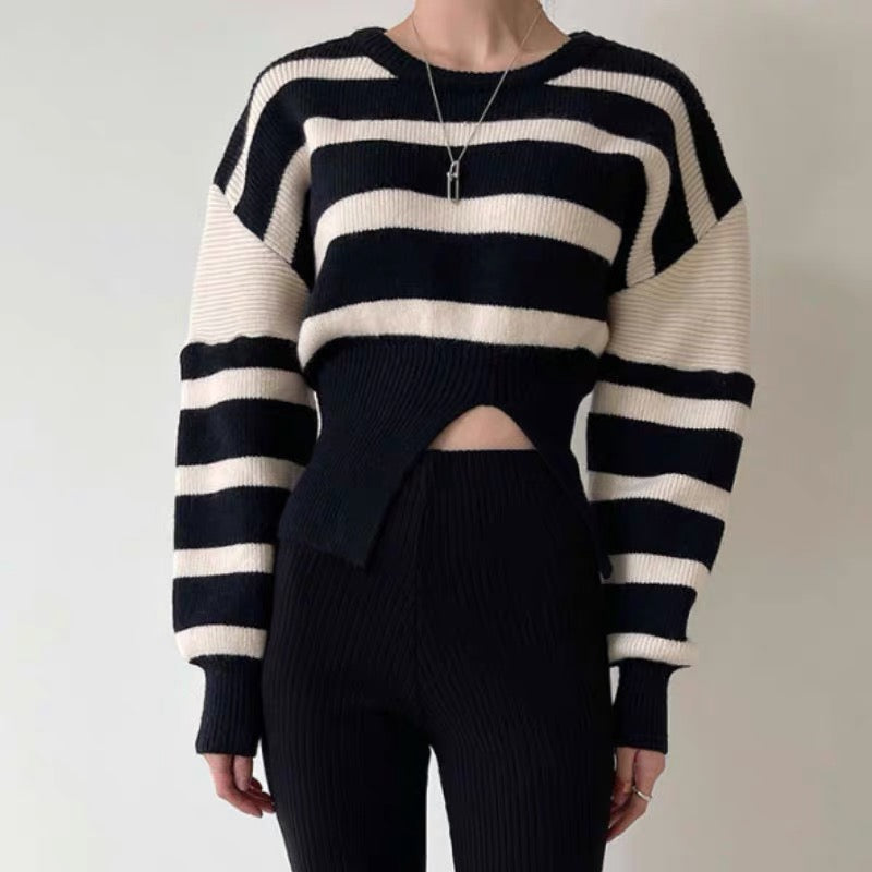 Round Neck Drop Shoulder Stripe Sweater with Gathered Waist and Slit