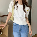 Yellow Embroidered Flower Knitted Short Sleeve Top