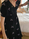 Short Sleeve V-Neck Black Chiffon Dress with Lavender Embroidery