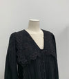 Lace Overlay Black Blouse with Oversized Collar