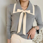 Knit Top with Double Layered Pointed Collar and Tie