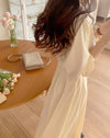 V-Neck Front Button Back Tie Pleated Chiffon Dress