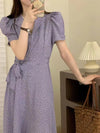 Short Sleeve Lavender Polka Dot Midi Dress with Notched Lapels