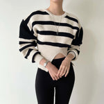 Round Neck Drop Shoulder Stripe Sweater with Gathered Waist and Slit