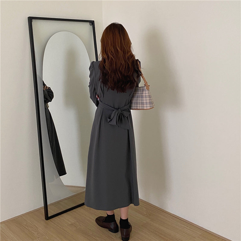 Korean Style Waist Tie Long Sleeve Shirt Dress