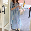 Sun Flower Stripe Round Neck Short Sleeve Checked Midi Dress