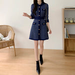 Classic Dark Blue Houndstooth Buttoned Knit Dress