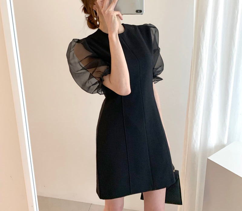 Fitted Little Black Mini Dress with Organza Sleeve